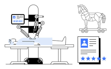AI robot operating on patient monitored with digital interface and data indicators, showcasing cybersecurity risks thumbs up Trojan horse and identity management. Ideal for healthcare, cybersecurity