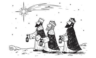 Three kings following star with lanterns comet night