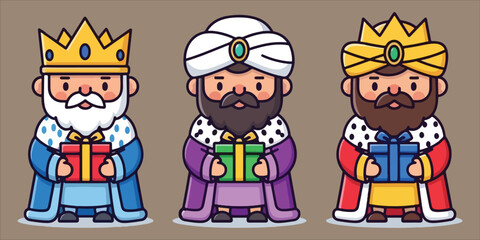 Three kings holding gifts crowns robes