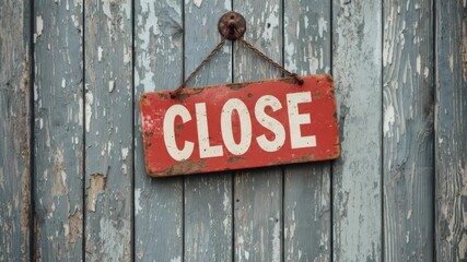 A CLOSE sign hangs against a weathered blue wooden plank background