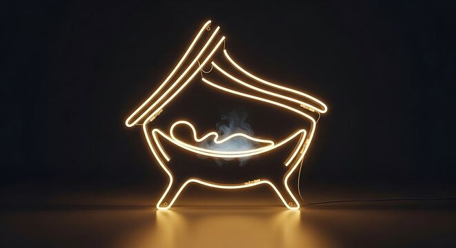 Glowing neon light display of the nativity scene on a dark background