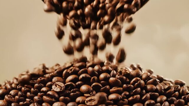 falling coffee beans closeup, rich brown pile and slow pour creating cascading texture with warm studio lighting, aromatic steam suggestion and shallow depth of field for cinematic feel