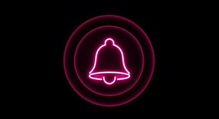 Glowing neon bell icon with circular waves on a black background