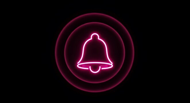 Glowing neon bell icon with circular waves on a black background - Powered by Adobe
