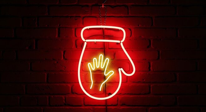 Glowing neon boxing glove with hand on a brick wall background