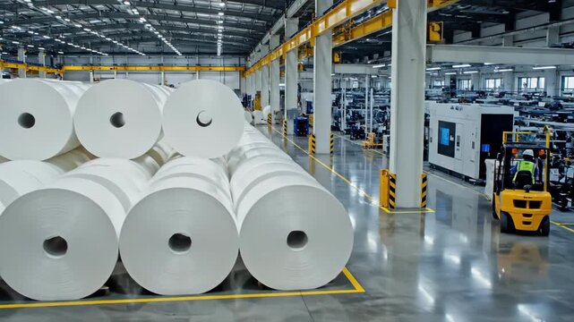 logistics team managing largescale material flow, warehouse worker skillfully moves pallets past giant paper reels, supply chain supervisor oversees quick and safe movement of cargo