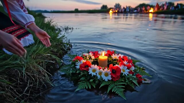 Ivana Kupala wreath with lit candle floating on water surface in twilight, symbolizing summer solstice tradition in river, showcases hands gently placing floral wreath,