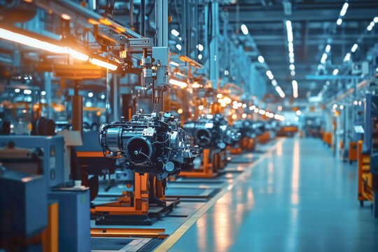 Engine manufacturing section within a car factory, showing the detailed process of engine assembly