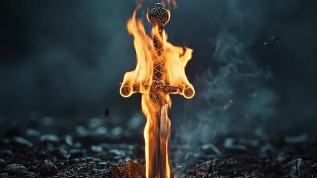 A sword is engulfed in flames against a dark smoky background