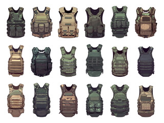 Fototapeta premium Set of cartoon bulletproof vests of different designs and shapes, military clothing, modern armor, vector illustration