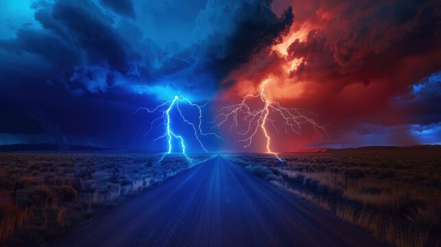 A dramatic landscape featuring a road under a stormy sky. Blue and red lightning strikes illuminate dark clouds. The scene conveys a sense of power and nature's fury.