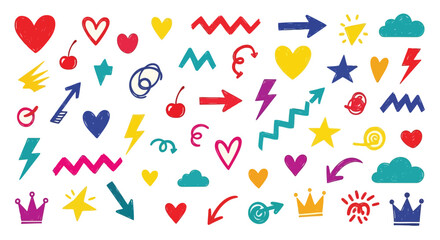 Vibrant handdrawn doodle elements including hearts, arrows, clouds, and lightning