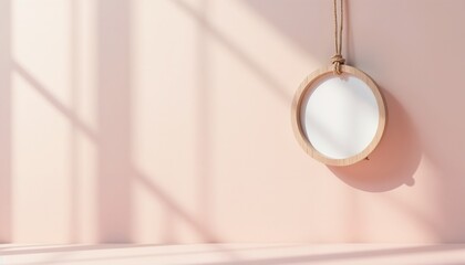 Hanging round wooden frame against pink wall