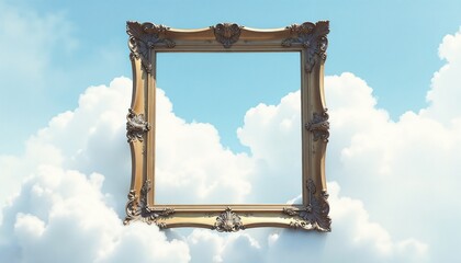 Golden picture frame against blue sky with fluffy clouds