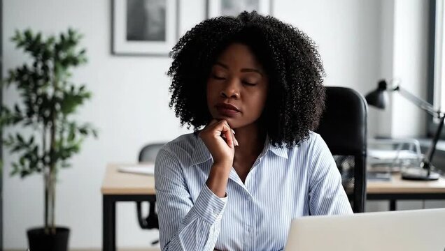 Confused, business woman and laptop in office for finance mistake, fraud risk and worry. Reading, financial manager and doubt for budget review, investment scam or company report for feedback