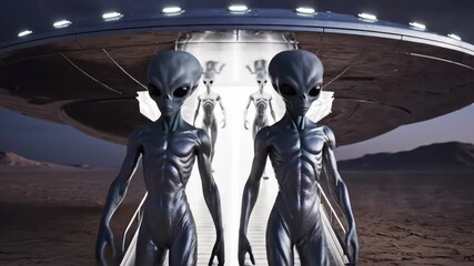 The aliens' arrival on Earth is captured in detailed digital art, showing metallic-grey alien figures and UFOs emerging from a spaceship in the desert.