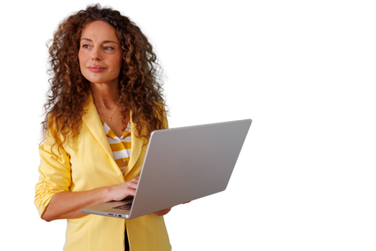 Professional businesswoman with curly hair holding laptop, working and thinking about future opportunities, transparent background