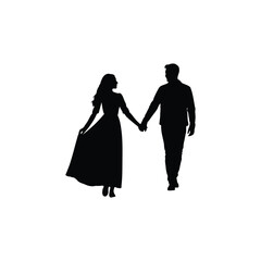 Silhouette of a couple holding hands walking together on a white background in a simple illustration