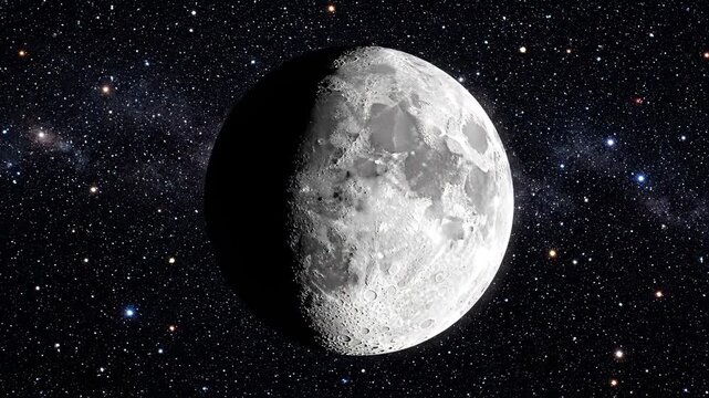 Moon phases animation with moving shadow and sunlight revealing lunar surface changes for astronomy videos, educational science content, lunar cycle explainer, planetarium shows, and classroom present
