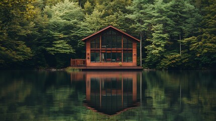 Obraz premium Wooden cabin reflected in a serene lake surrounded by lush green forest