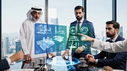 business leaders analyze crystal displays, entrepreneurs examine digital blueprints in modern setting, corporate executives discuss innovative technology using holographic projections - Powered by Adobe