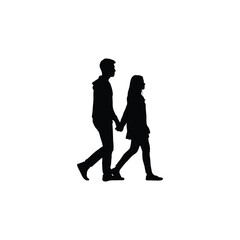 A silhouette of a man and a woman walking hand in hand against a plain white background in a simple style