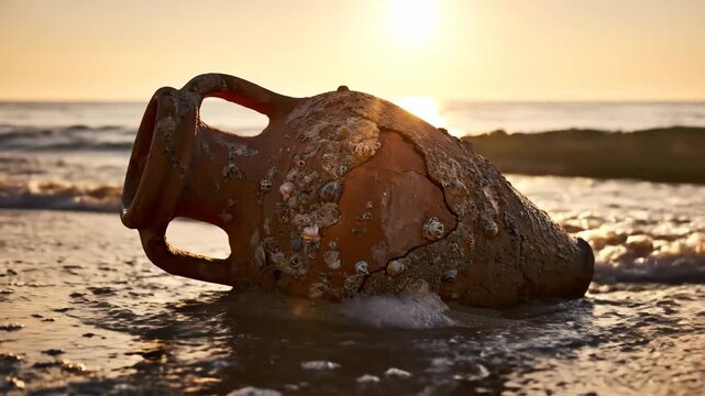 Ancient amphora lies on sea coast at sundown in summer, beautiful antique vessel standing still. Ancient amphora is evocative artifact of old world trade routes.