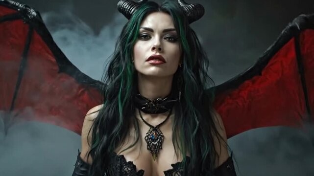 Devilwoman redwinged blackhorned woman in black corset  jeweled necklace smokey background