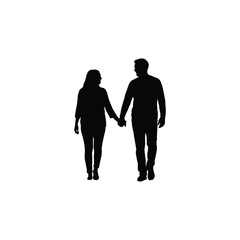 Silhouette of a couple holding hands while walking together in a simple black and white illustration