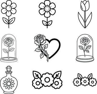 Cute Floral Love Collection Minimalist Line Art Icons. Simple flower, rose, heart, tulip, and potion line art icons for craft.