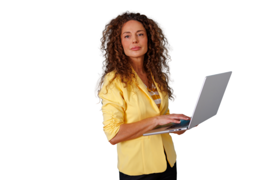 Confident businesswoman working on laptop, managing tasks, finding solutions, representing professional success, transparent background