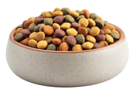 Ceramic bowl of crunchy dog food, isolated on transparent background, healthy pet diet concept, sharp focus