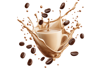 Milk Coffee Splash with Coffee Beans Vector on Transparent Background