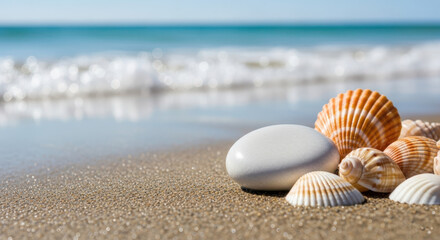 Clean shiny pebble beside colorful shells on sandy beach with gentle waves. Beach environment features vibrant shells and smooth stone in tranquil coastal scene.