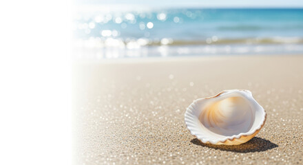 Gleaming shell fragment on sandy beach with ocean view in background. Close-up shot of clean shell fragment resting on warm sand, shimmering in sunlight with gentle waves.