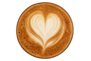 Latte art cappuccino with heart shape foam for love, romance, and coffee shop culture, transparent background