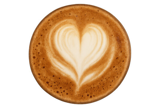 Latte art cappuccino with heart shape foam for love, romance, and coffee shop culture, transparent background