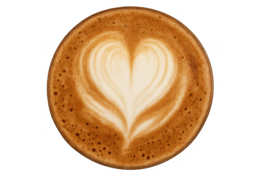 Latte art cappuccino with heart shape foam for love, romance, and coffee shop culture, transparent background