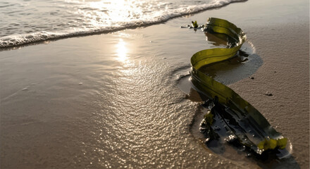 Close-up of clean seaweed ribbon glistening on sandy beach during sunset. Natural seaweed ribbon showcases vibrant colors and patterns along beach tide, enhancing coastal scenery.