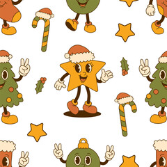 Groovy seamless Christmas pattern with retro holiday characters, including a smiling star, walking ornament, tree mascot, candy canes and holly, repeating on a clean white background
