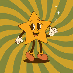 Groovy star character standing on a stylized swirling background. Playful vintage mascot artwork suitable for posters, stickers, cards, children projects and creative retro themed designs
