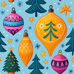 Hand drawn flat Christmas tree toys seamless pattern