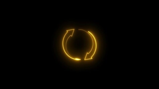 Bright Yellow Neon Circular Arrows Icon on Black Background for Refresh or Reload cycle