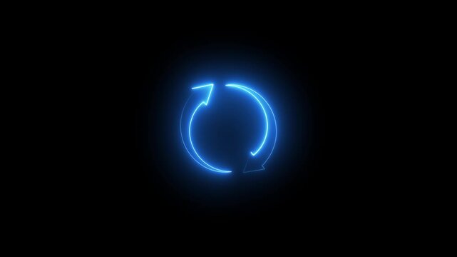 Glowing Blue Neon Circular Arrows Icon on Black Background for Refresh or Reload cycle