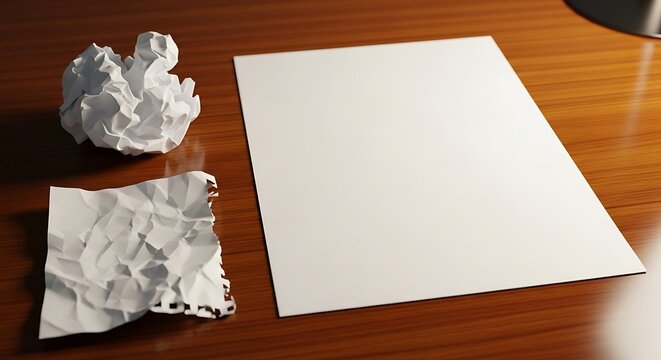 A blank white paper next to crumpled papers on a wooden surface under a soft light source above it
