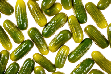 Pickled gherkins arranged neatly, isolated on transparent background, shiny texture, high-resolution product photo