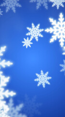 Festive abstract background with glowing white snowflakes on a blue backdrop
