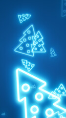 Abstract glowing blue neon Christmas tree shapes on a dark background, festive futuristic holiday design