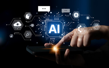 Concept of a cognitive and conversational AI. The central processor powers a chatbot, performs cloud data searches, and facilitates intelligent communication and support. Fermion