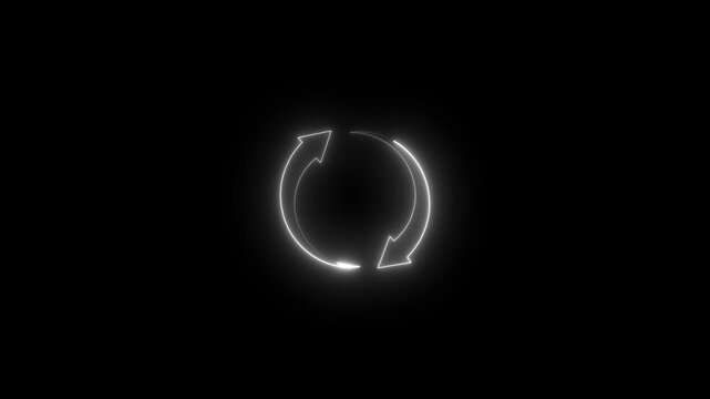 White Neon Circular Arrows Icon on Black Background for Refresh or Reload cycle